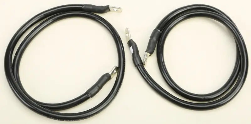 Two black electrical cables with metal terminals.