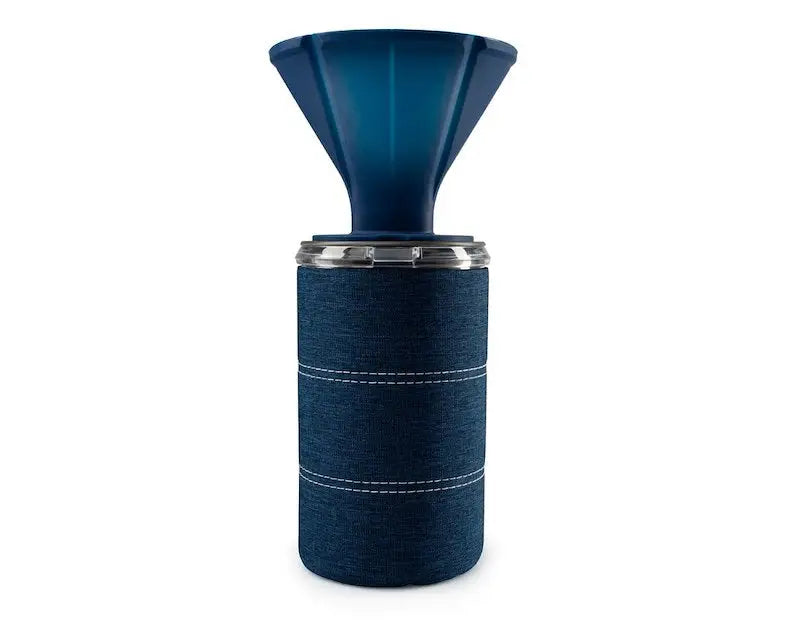 Blue denim-covered speaker with funnel top, perfect for enjoying favorite hot beverages