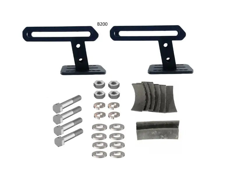 Black metal mounting brackets with hardware for Exposed Rack 2 High Rail Bracket B200