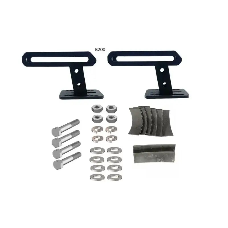 Black metal mounting brackets with hardware for Exposed Rack 2 High Rail Bracket B200