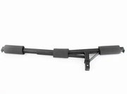Black metal kayak carrier with foam padding for exposed rack offset setup