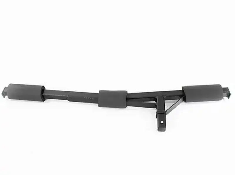 Black metal kayak carrier with foam padding for exposed rack offset setup