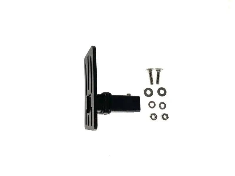 Black hitch-mounted license plate bracket with hardware for Exposed Rack Click-In systems