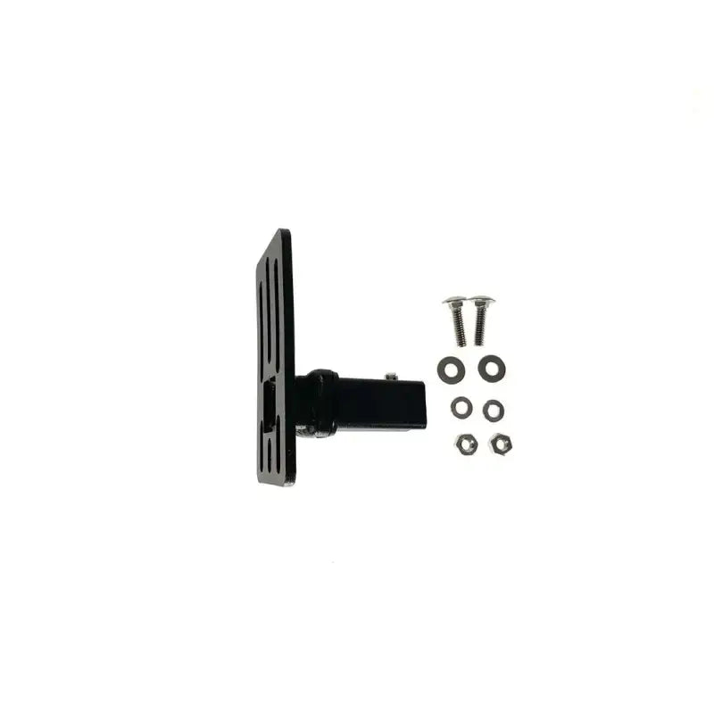 Black hitch-mounted license plate bracket with hardware for Exposed Rack Click-In systems