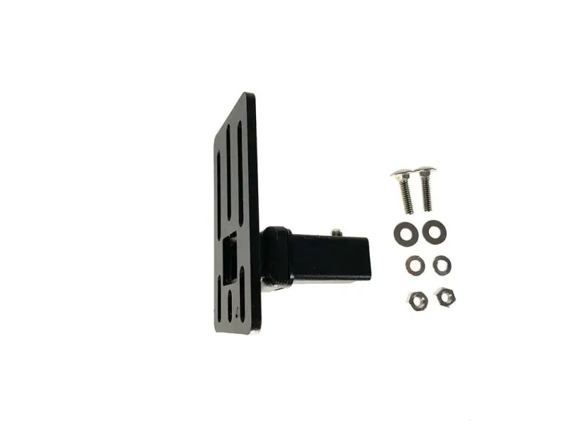 Black hitch-mounted license plate bracket with hardware for Exposed Rack Click-In Brkt B16