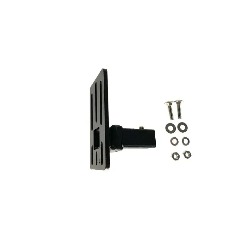 Black hitch-mounted license plate bracket with hardware for Exposed Rack Click-In Brkt B16