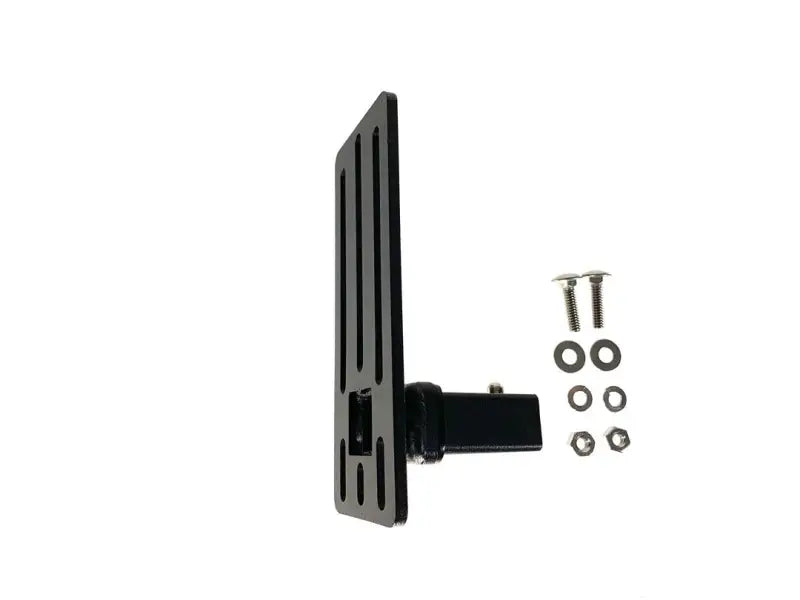 Black metal license plate holder with hardware for exposed rack click-in universal bracket