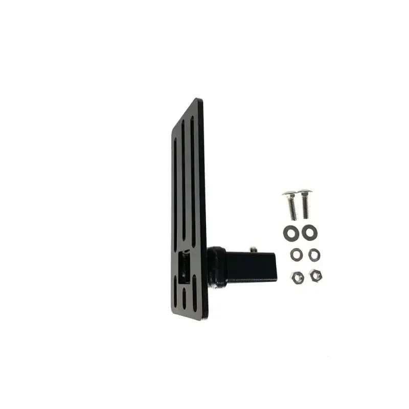 Black metal license plate holder with hardware for exposed rack click-in universal bracket