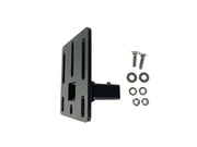 Black hitch-mounted license plate bracket for exposed rack click-in Univ B19 installation