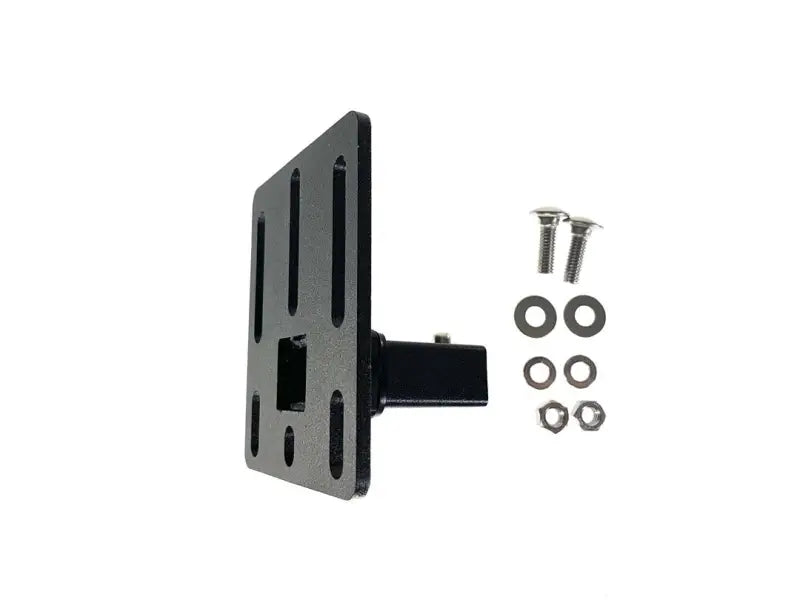 Black hitch-mounted license plate bracket for exposed rack click-in Univ B19 installation