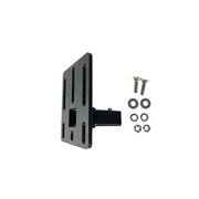 Black hitch-mounted license plate bracket for exposed rack click-in Univ B19 installation