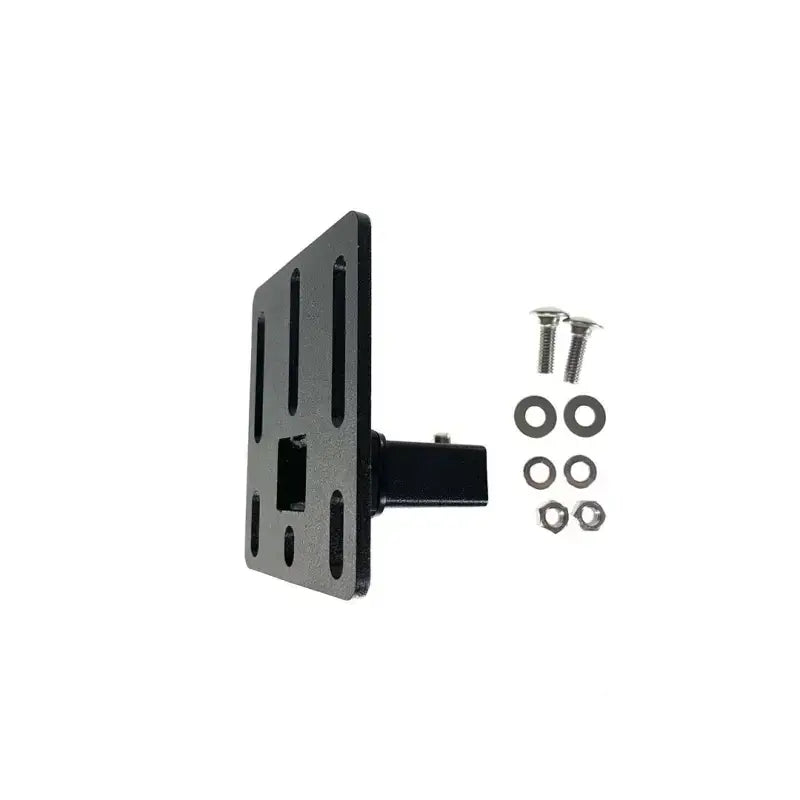 Black hitch-mounted license plate bracket for exposed rack click-in Univ B19 installation