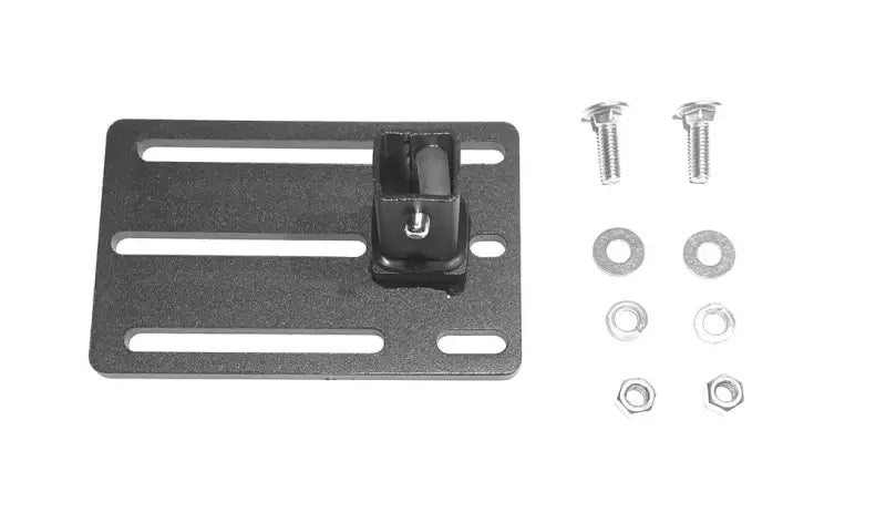 Black metal mounting plate with hardware for Exposed Rack Click-In system