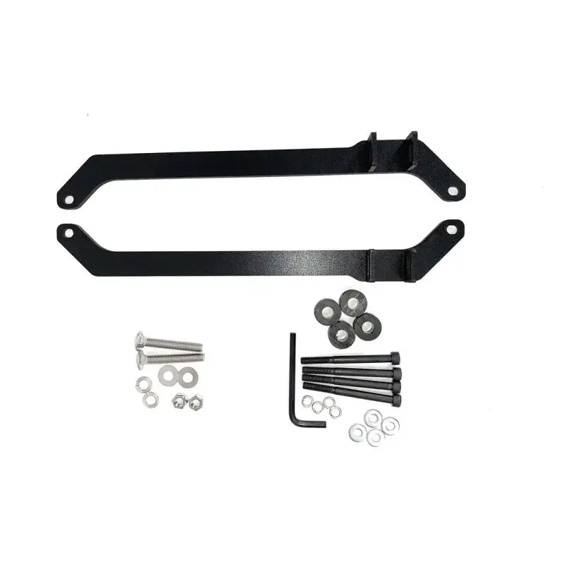 Black metal support brackets and hardware for exposed rack with included bolts