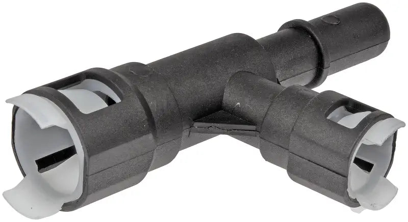 Black plastic T-shaped Dorman heater hose connector for Dorman heater hose applications