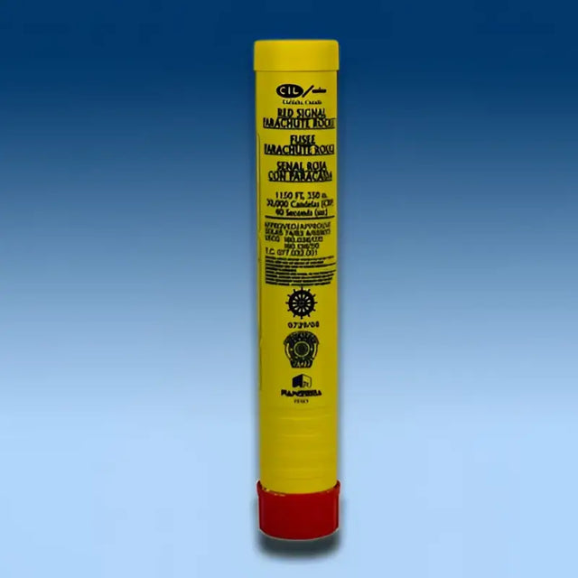 Orion Solas Red Parachute Rocket, yellow tube with red cap, product for intense red aerial illumination, 800 feet effect, 4 per case