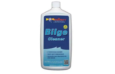 800 Sudbury Automatic Bilge Cleaner 32 Oz bottle with blue label, designed to break down oil, grease, and fuel, preventing odors in boat bilges.