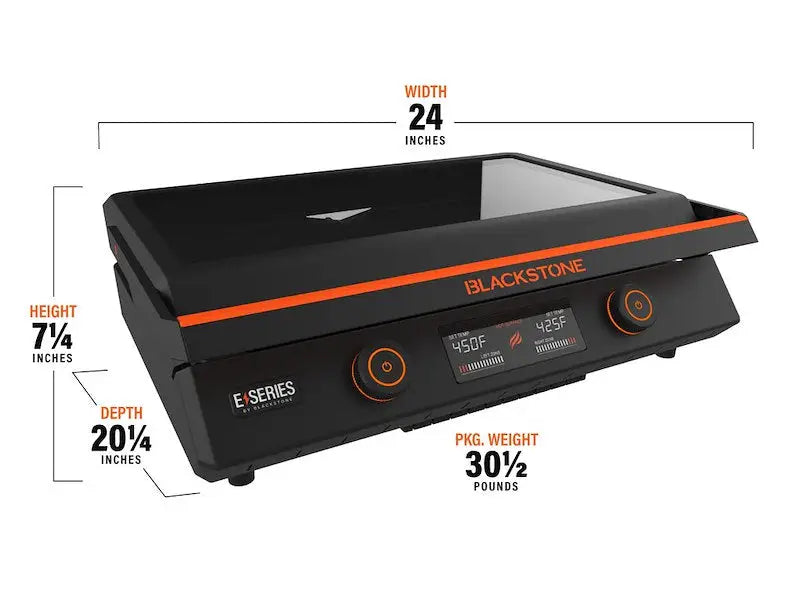 8001 Blackstone E-Series 22' Electric Tabletop Griddle features a large LCD display and a ceramic titanium-coated surface.