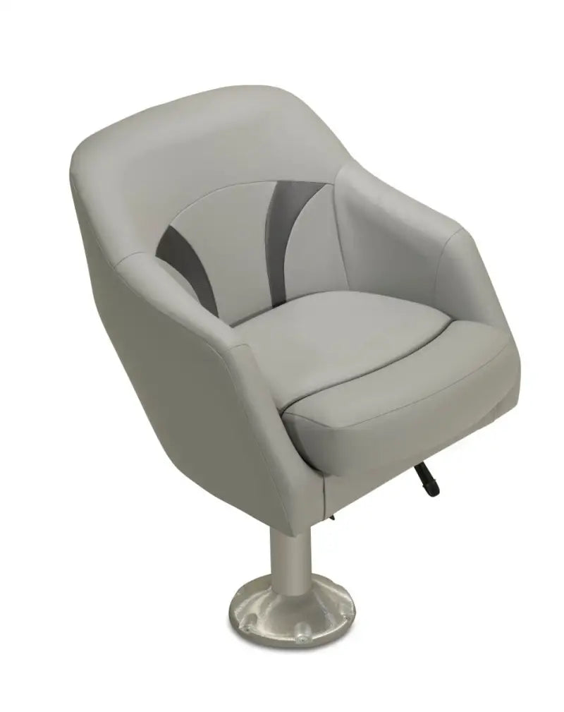 Light gray Taylor Made bucket seat with dark gray accents and pedestal base