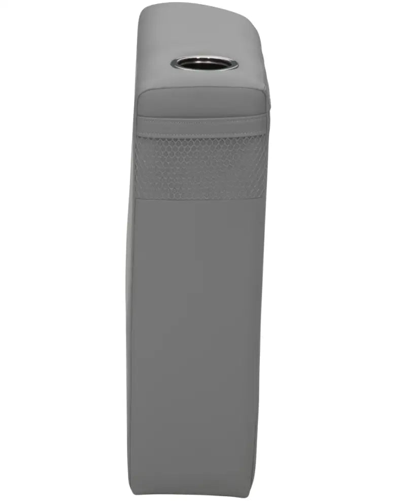 Gray upholstered Taylor Made arm charcoal LFT RTM arm console with cupholder