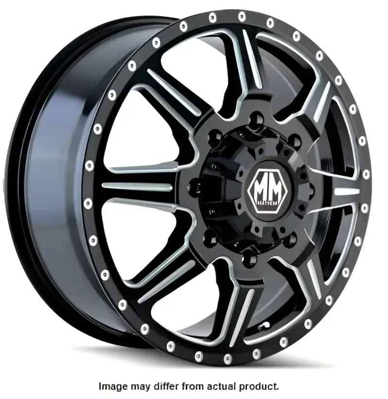 8101-9679MR Wheel Group Monstir rear black and milled spoke wheel showcasing sleek design for enhanced vehicle aesthetics and performance, ideal for RVs, trucks, and off-road adventures. Wheels & Tires,Wheel and Tire Accessories,Wheels,AVADA - Best Sellers,Tires and Wheels Parts for Powersports
