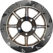 Shiny chrome motorcycle brake rotor in high carbon steel with patterned design