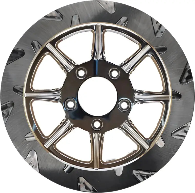 Shiny chrome motorcycle brake rotor in high carbon steel with patterned design