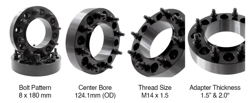 Revolution Steel 8180-8180HS-E wheel, bolt pattern 8X180 mm, center bore 124.10 mm, M14 x 1.5 thread size, with adapter thickness of 1.5 and 2.0 inches.