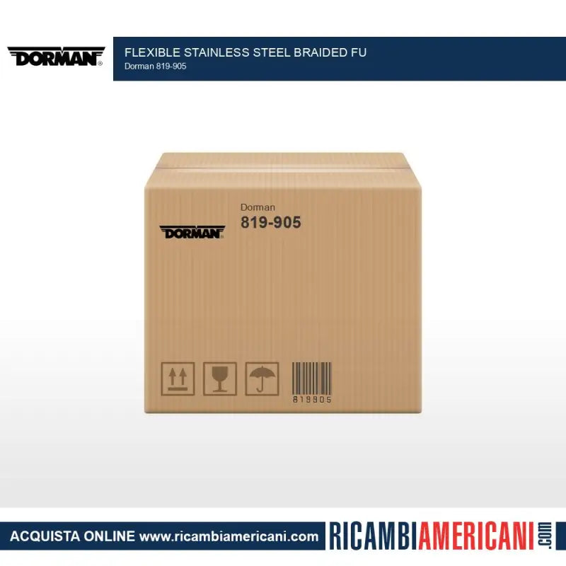 Cardboard box with shipping labels for Dorman flexible stainless steel fuel line