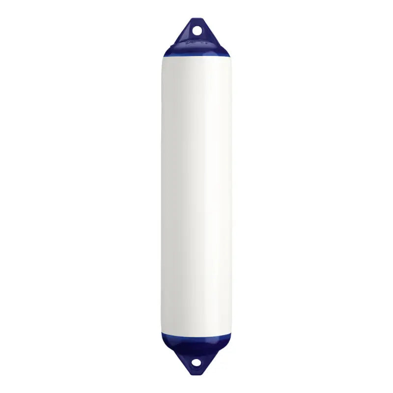 White cylindrical commercial grade fender with blue ends for boat protection