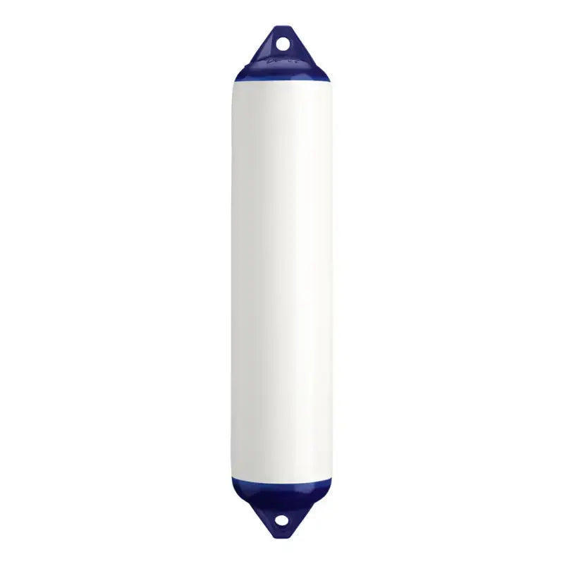 White cylindrical commercial grade fender with blue ends for boat protection