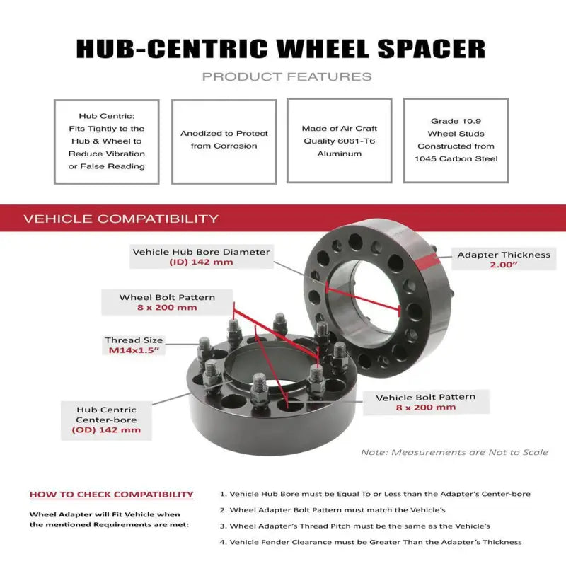 8200-8200HS-E Revolution Steel 8X200 2.0 142 M14 hub-centric wheel spacer, anodized, 6061-T6 aluminum, 10.9 grade steel, 142mm hub bore, 2.0" adapter thickness, 8x200 bolt pattern, M14x1.5 thread size.