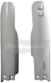 White fork guards for motorcycle, product code 8351100001 by Polisport, high durability and sleek design.