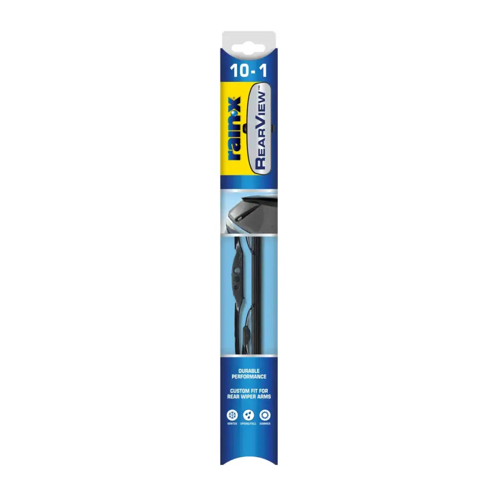 Rain-X Rearview Rear Wiper Blade 850019 package with durable performance features for all weather conditions.