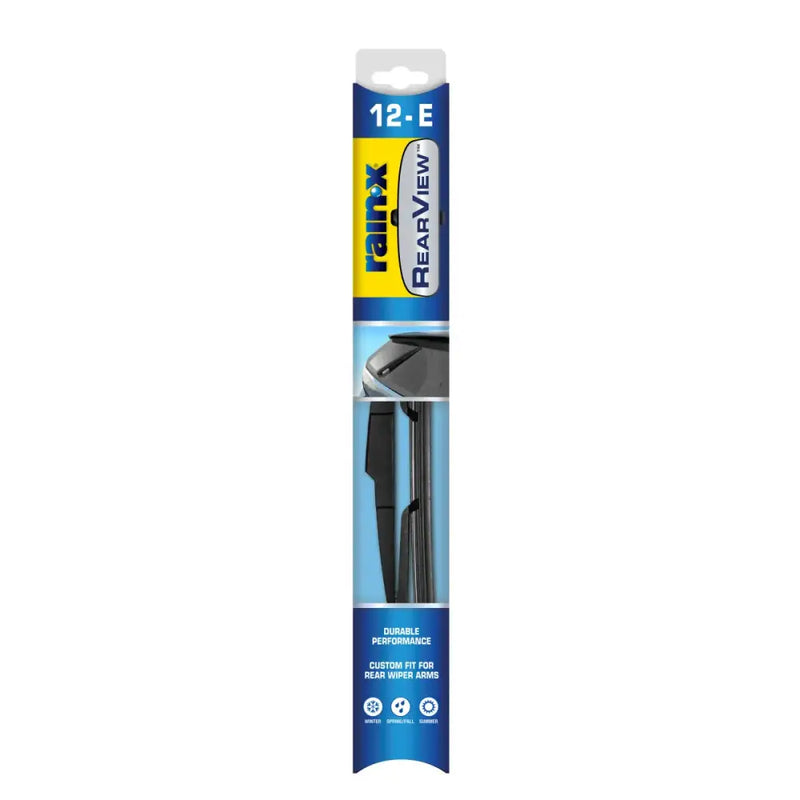 Rain-X Rearview Rear Wiper Blade 1 package, durable performance, custom fit for rear wiper arms, suitable for winter, spring/fall, and summer.