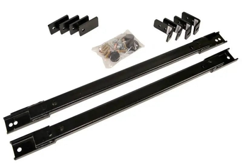 Black metal bed frame rails with mounting hardware for Demco hitch and reliable towing