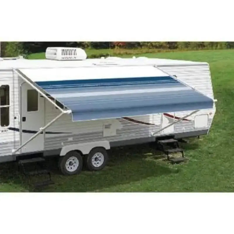 Image of an RV equipped with a 86148D8D Carefree/Co. Fiesta-Blk 14'Dsbg Dbg awning in blue stripes, showcasing stylish design, durable construction, and spacious coverage, ideal for off-road and outdoor living,Exterior Parts & Accessories,RV Sun and Shade Solutions Awnings and Parts for Ultimate Comfort,AVADA - Best Sellers