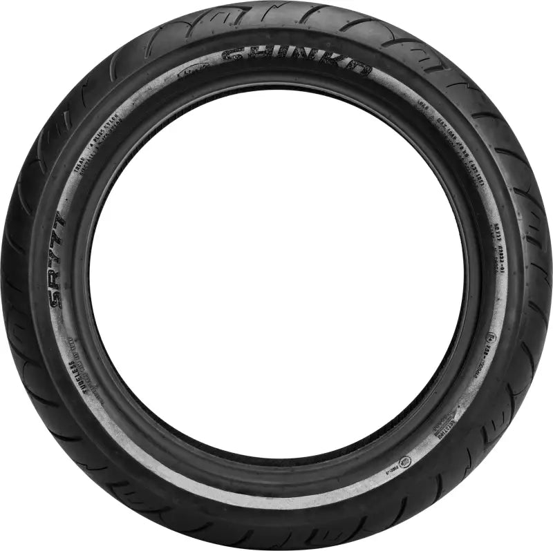 Shinko Tire 777 Cruiser HD Front 100/90B19 61H with reflective material in the sidewall, designed for V-Twin and metric cruiser motorcycles.