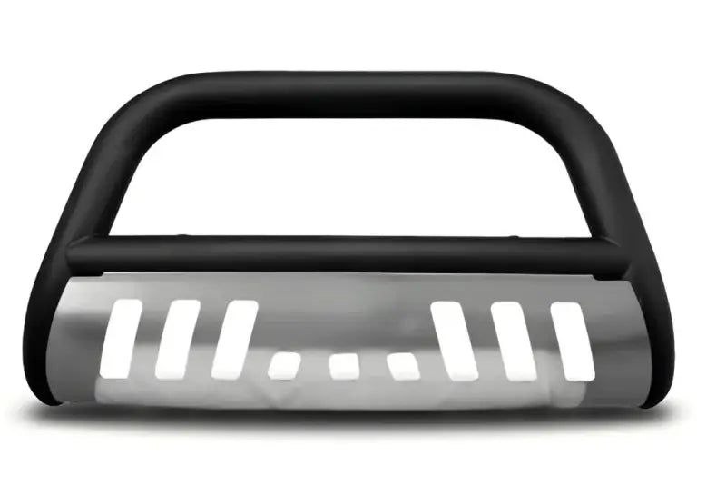 Black tubular Chevy Silverado armordillo bumper with polished skid plate for tough protection