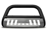 Black tubular Chevy Silverado armordillo bumper with polished skid plate for tough protection