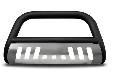 Black tubular Chevy Silverado armordillo bumper with polished skid plate for tough protection