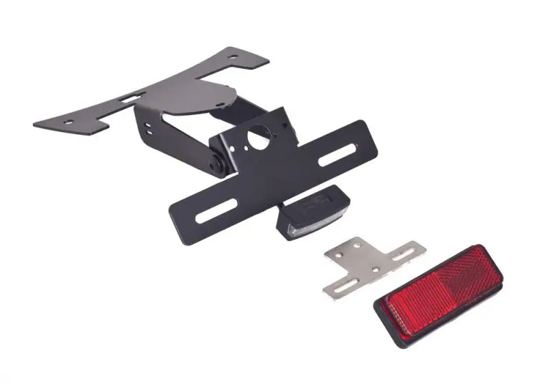 Black metal motorcycle fender eliminator kit with license plate holder, reflector, and light