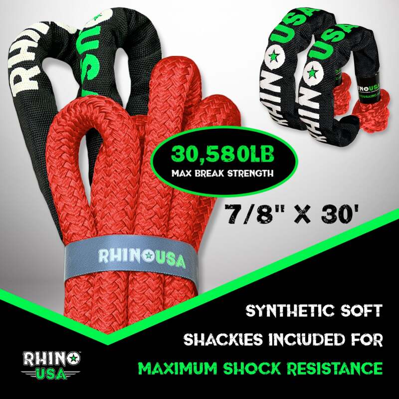 Rhino USA 7/8In X 30Ft Kinetic Rope Recovery Kit W/Soft Shackles (Red) - Rhino USA