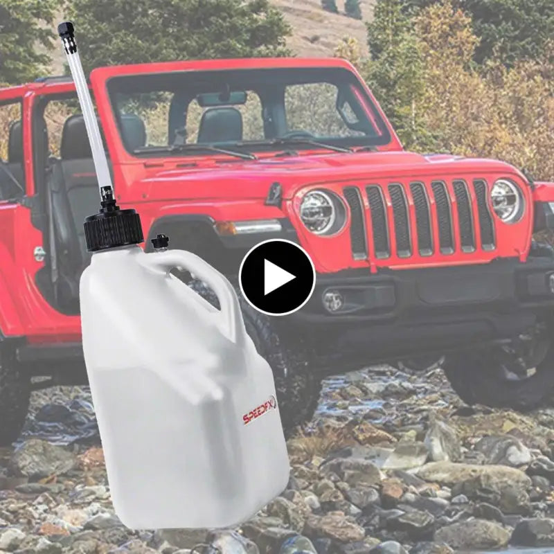 8831 Speedfx Speedfx White Utility 5 Gal Jug featuring a durable design, positioned in front of a red Jeep in an off-road setting.