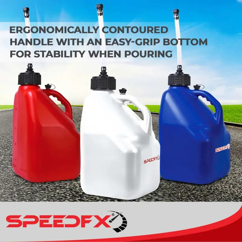 8831 Speedfx Speedfx White Utility 5 Gal Jug with ergonomically contoured handle for easy pouring, showcasing red, white, and blue variants.