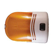 Orange and white light with square black button and grooved plastic cover.
