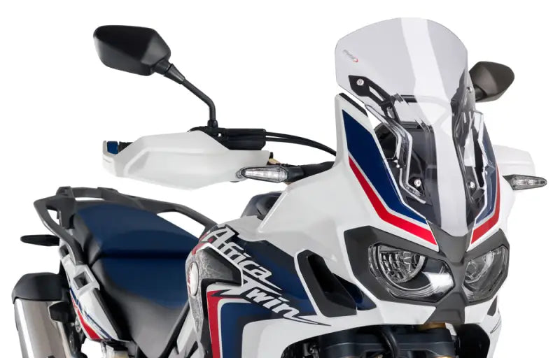 White Africa Twin motorcycle with 8904W Windscreen Racing Clear installed