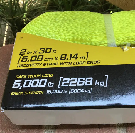 2-inch x 30-foot recovery strap with loop ends, safe work load of 5,000 lb, break strength of 15,000 lb.