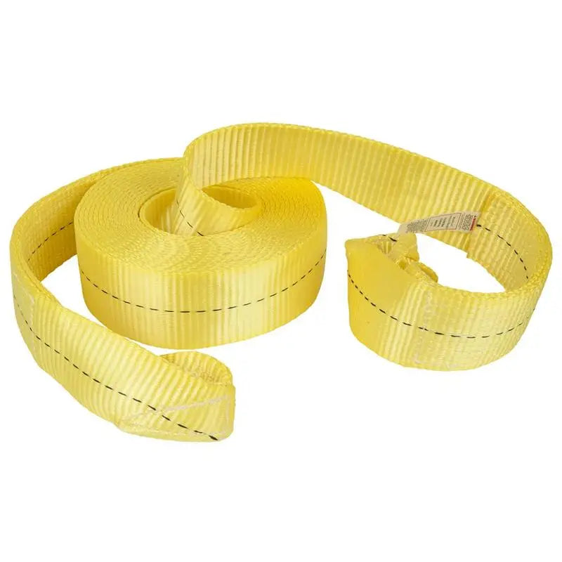 Yellow vehicle tow strap on display from Hampton Prod, showcasing sturdy construction and durable material.