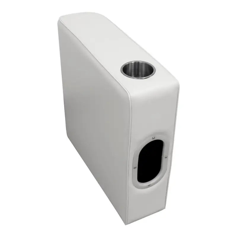 White vinyl-covered console arm rest with cup holder and storage for Wise Seating Deluxe